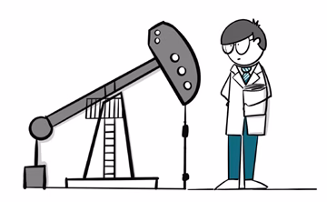 Une caricature d’une personne debout à côté d’une plateforme pétrolière, représentant le concept de la mentalité d’entreprise axée sur l’exploitation.